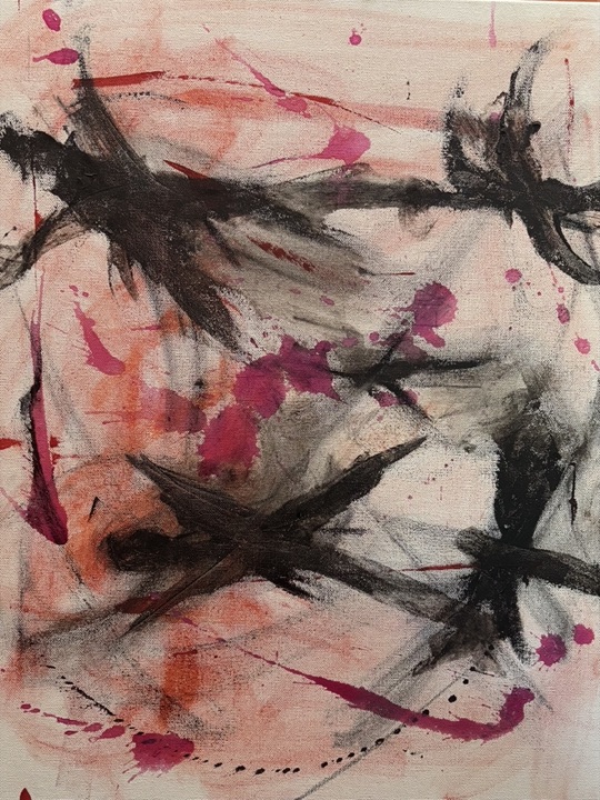 Untitled — dark wing-like strokes over a field of rose and pink