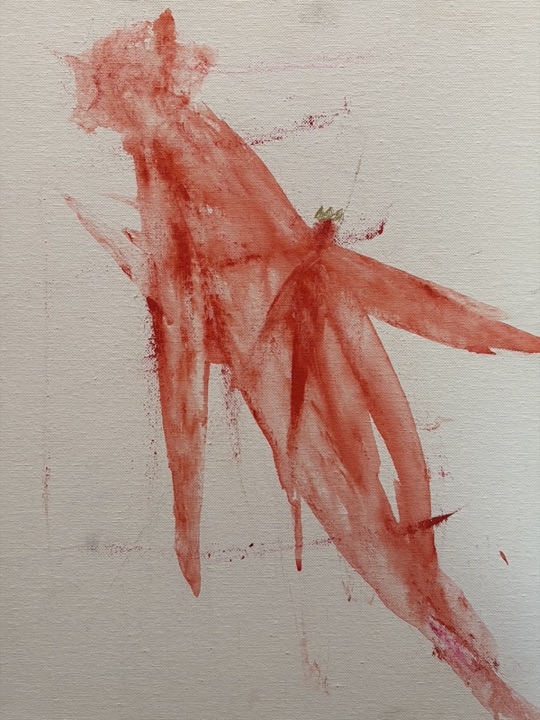 Untitled — a red-orange figure in motion on bare canvas