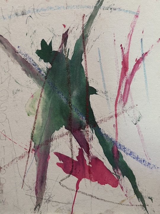 Untitled — green and magenta strokes crossing on pale ground