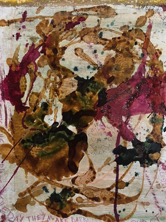 Untitled — earthen circle of ochre, moss and magenta