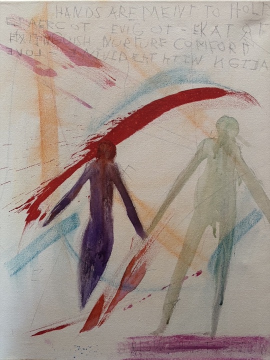Untitled — two figures joined beneath a red arc; 'hands are meant to hold' written above