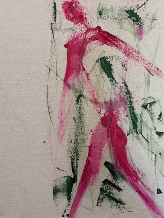 Untitled — a striding figure in pink and green