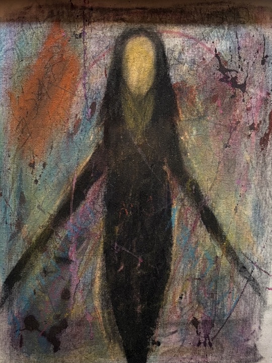 Untitled — a dark long-haired figure, arms open, on layered color