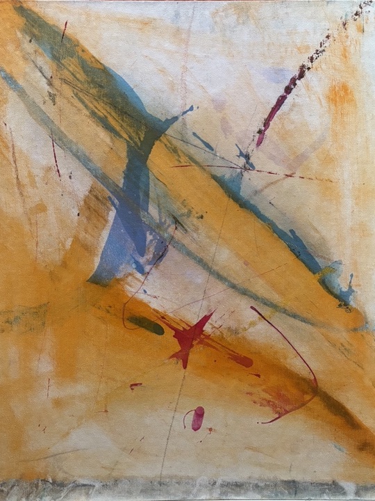Untitled — gold and teal diagonals with a red star