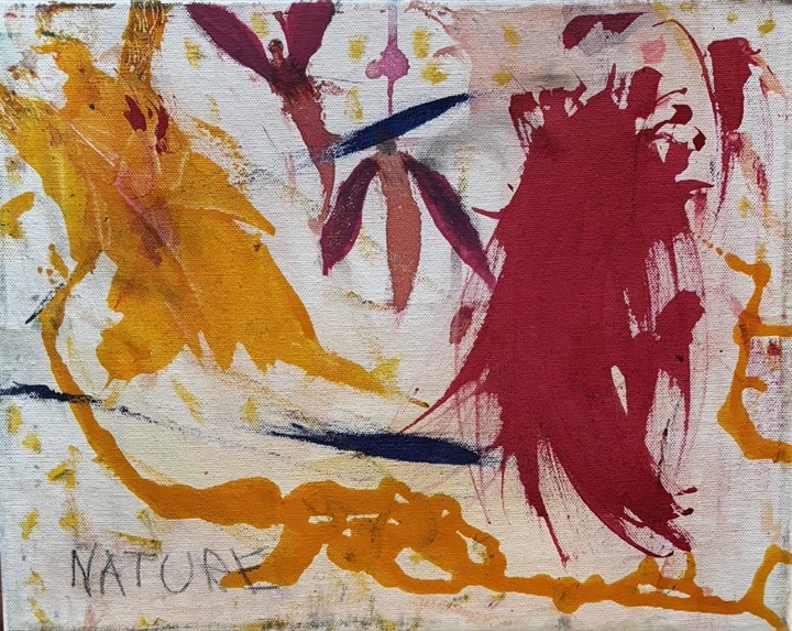 Untitled — 'NATURE': crimson and gold forms with dark petals