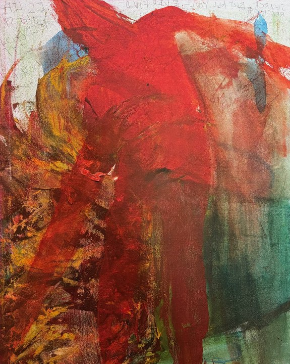Untitled — a red form rising from a burning field of gold and ochre, green at the edge