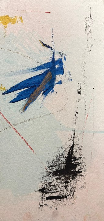 Untitled — a blue winged form above a dark scorch on pale paper