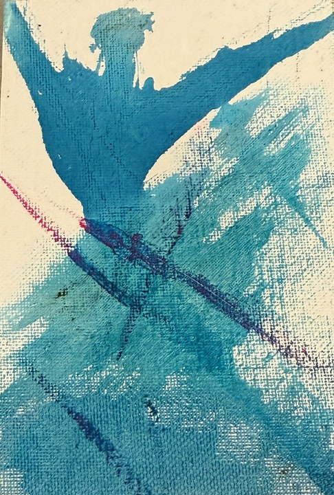 Untitled — a blue winged figure rising through turquoise wash, crossed by magenta and indigo diagonals