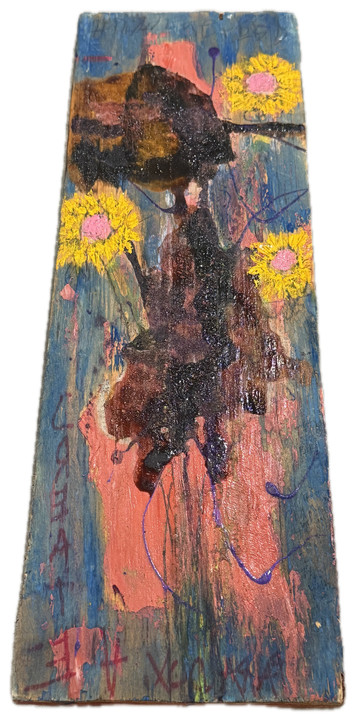 a tall board in blue with a dark figure, two yellow flowers, pink at the foot