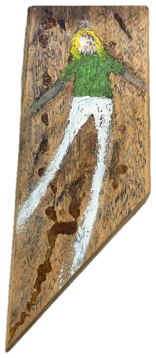 a walking figure in green and white on a tapered board
