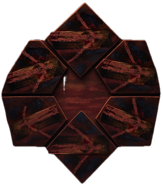 a carved relief of five arrowed blocks set in a ring on dark wood