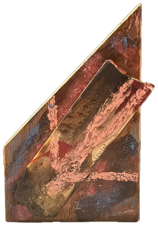 a tall wedge of wood in red and pink over blue, standing