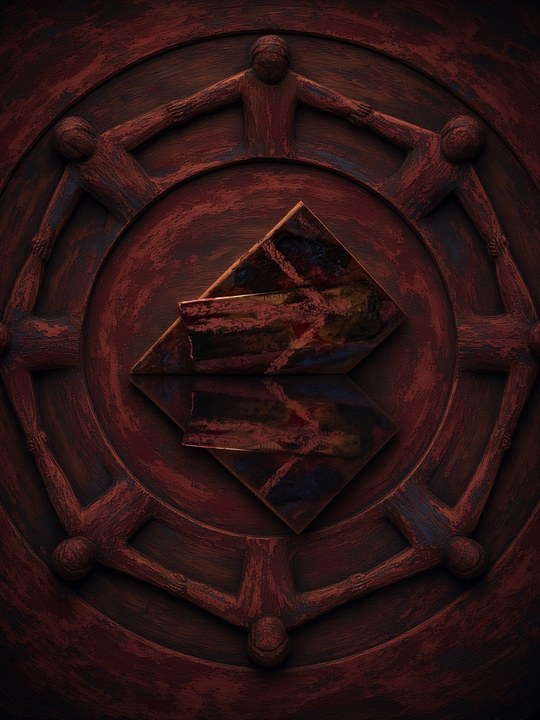a carved wheel with a diamond of arrows at its hub, dark red-brown