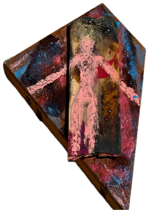 a pink figure on a triangular board of blue and red
