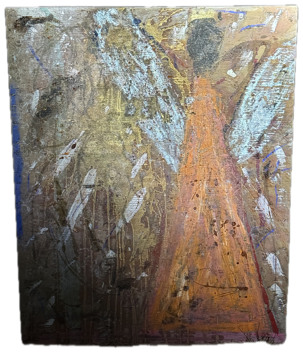 a panel in gold and silver with an orange form rising to a dark head